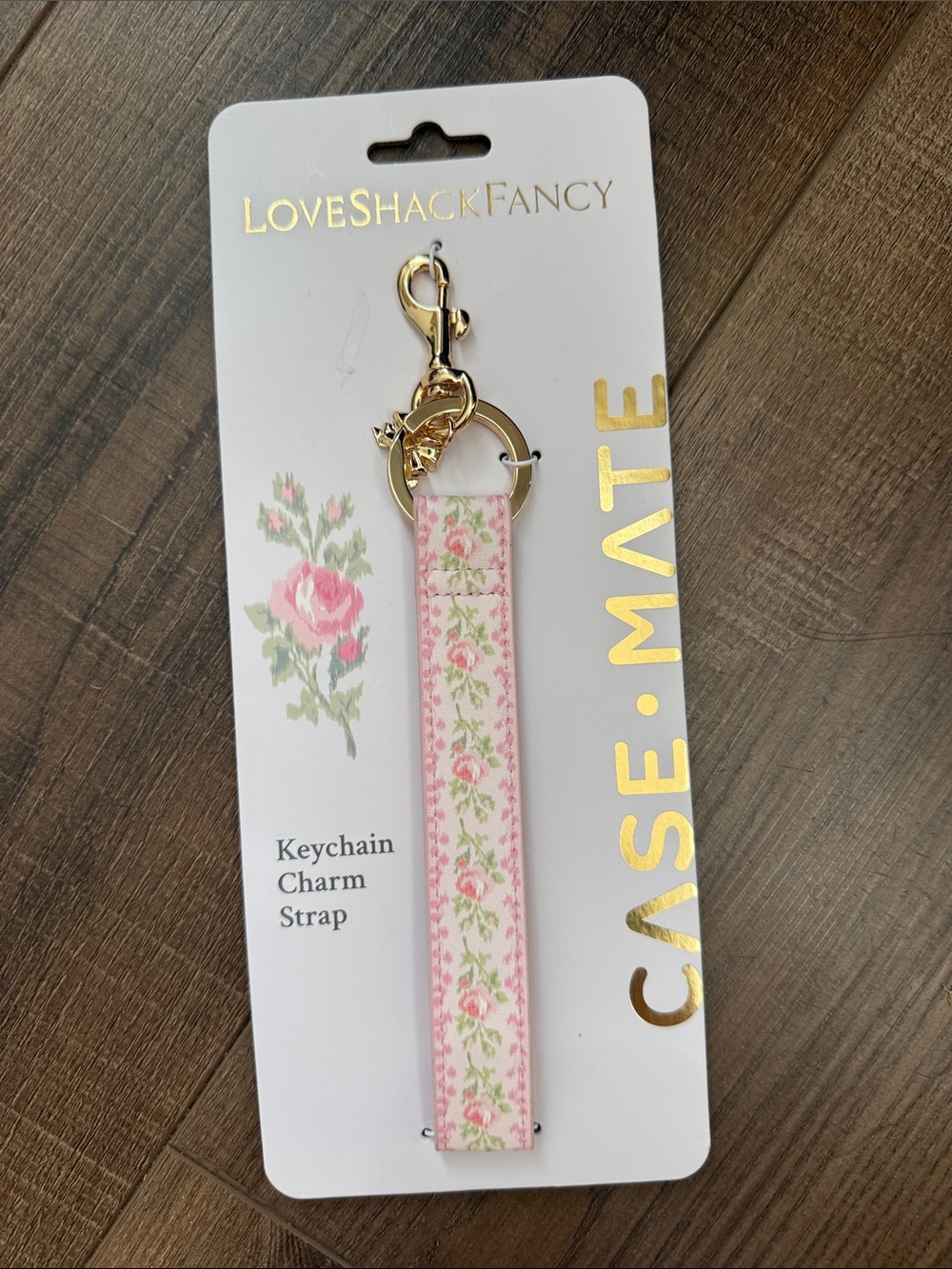 LoveShackFancy Pink and Cream Floral Keychain Strap with Gold Hardware